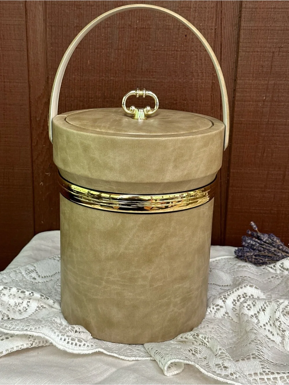 Vintage Shelton Ware Mid Century Ice Bucket Tan Faux Leather Gold Trim